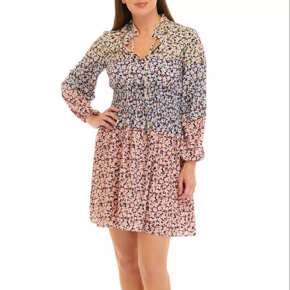 Vince Camuto Floral Smocked Waist Long Sleeve Dress Blush Floral Print 16 NWOT